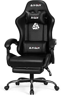 N-GEN GAMING Video Gaming Chair with Footrest Lumbar Support for Home Office High Back Recliner Height Adjustable Ergonomic Comfy Leather Computer Desk Chair (Black)