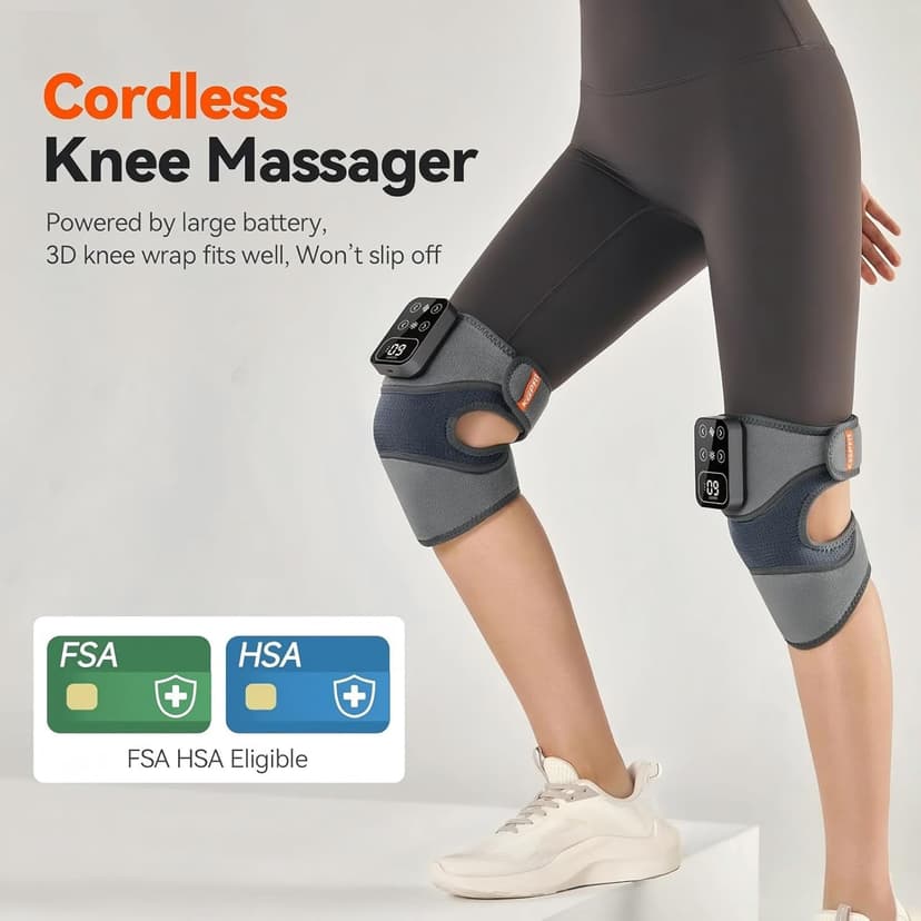 Cordless Knee Massager with Heat Vibration for Pain Relief, MAXwarm 4.0[2025 Upgraded] - Electric Heated Knee Brace with 5 Heat Levels and 3 Massage Mode, Gifts for Men Women (Grey, Pair)