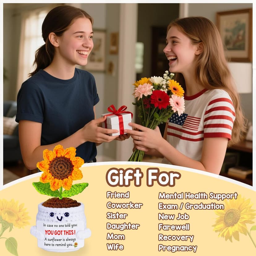 Birthday Gifts for Women, Positive Crochet Sunflower Emotional Support Gift Handmade Plush Doll, Thank You Unique Friendship Gifts for Sister Best Friend Coworker Men Teen Girls, Womens Xmas Present