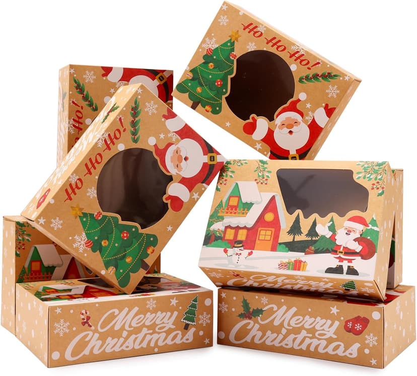 24 Pack Christmas Cookie Boxes - 8.25"x6"x2.75" Brown Kraft Bakery Box with Window for Holiday Treats, Gift Exchange Box for Baked Goods, Cookie Tins with Lids for Gift Giving