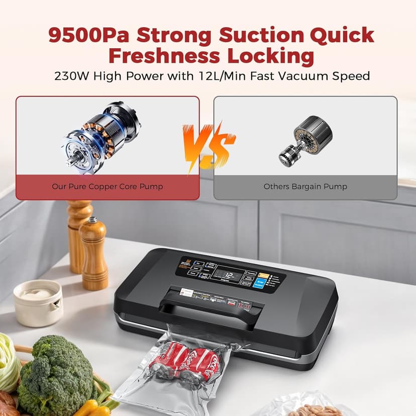 95kpa Vacuum Sealer, Commercial Fully Automatic Food Sealer, Powerful Sealing System, Double Heat Seal, Built-in Cutter and Bag Storage, 1 Roll Bag and 10 Precut Bags
