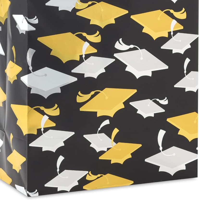 Hallmark 9" Medium Graduation Gift Bag with Tissue Paper (Gold and Silver Mortarboards on Black) for College, High School, 8th Grade, Kindergarten, Nurses