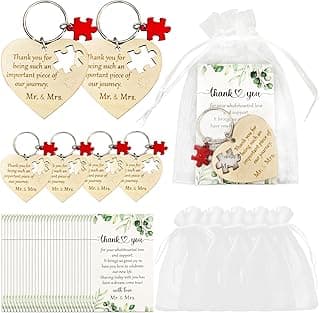 AerWo 50 Sets Wedding Favors for Guests, Wedding Party Favors with Rustic Wood Heart Puzzle Keychains Thank You Cards and Organza Bags, Wedding Gifts for Guests Wedding Bridal Shower Thank You Gifts