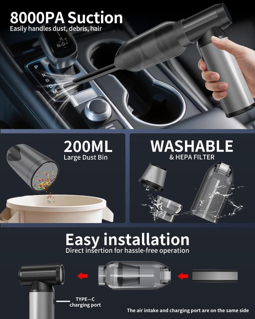 Compressed Air Duster, 2-in-1 Duster Blower & Vacuum with 320000RPM Super Power, Electric Air Duster Rechargeable, 3-Gear Adjustable Air Blower for Keyboard, Computer, Car, Home, and Outdoor Cleaning