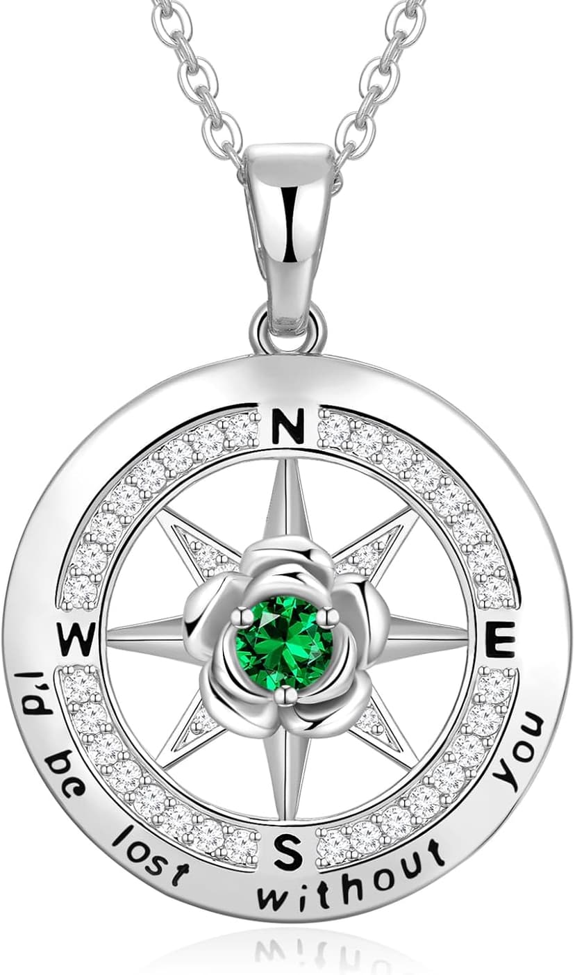 Silver Compass Necklace for Women Birthday Gifts for Wife Anniversary Necklace for Women Rose Flower Birthstone Necklaces for Wife Jewelry for Womens Girlfriend Mom Daughter