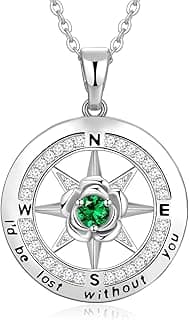 Silver Compass Necklace for Women Birthday Gifts for Wife Anniversary Necklace for Women Rose Flower Birthstone Necklaces for Wife Jewelry for Womens Girlfriend Mom Daughter