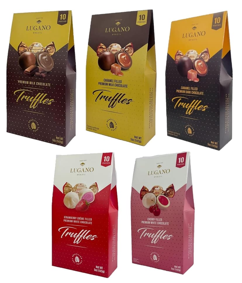 Lugano Premium Truffles Variety Pack of 5 - One Box of Each Flavor - Milk, White Cherry, White Strawberry, Dark Caramel, and Milk Chocolate Caramel