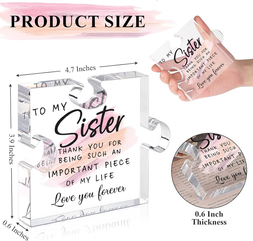 LukieJac Sister Gifts from Sister - Unique Sister Birthday Acrylic Puzzle-Shaped Plaque Desk Decorations Present for Sister Thanksgiving Christmas Wedding from Sister Brother