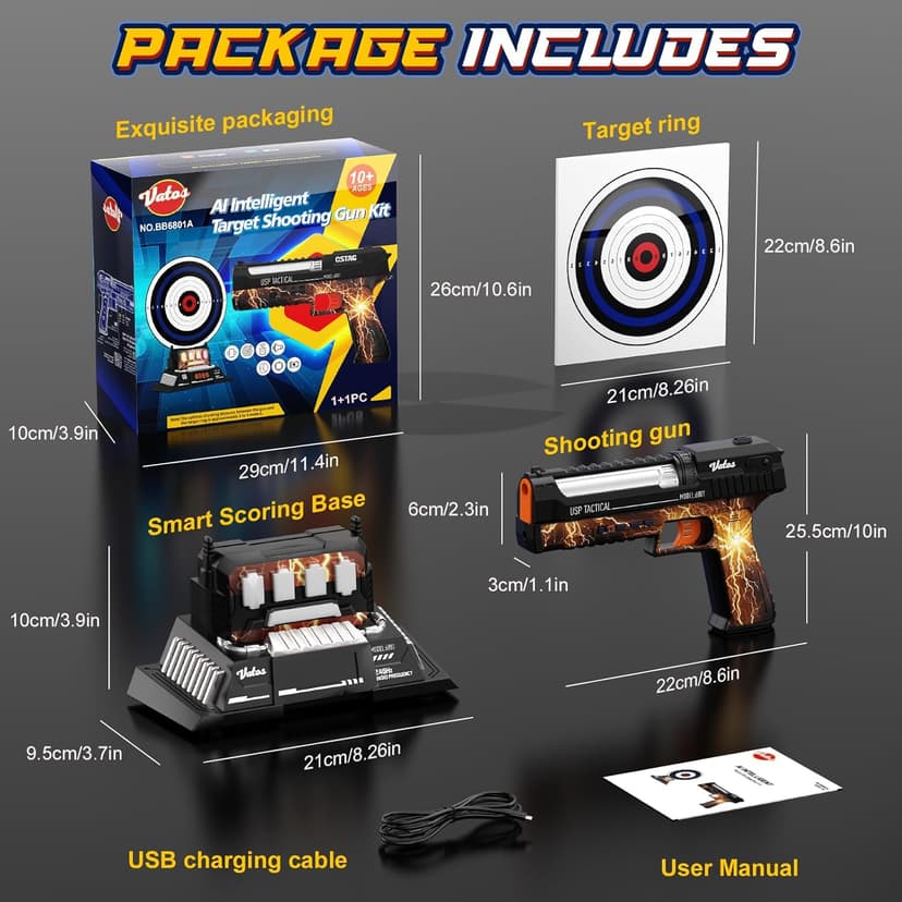 VATOS Smart Electronic Shooting Game Set with Auto-Scoring Target Base and Rechargeable Gun, Real-Time Voice Feedback, 4 Shooting Modes, Indoor Outdoor Toy for Teens Adults Family Party