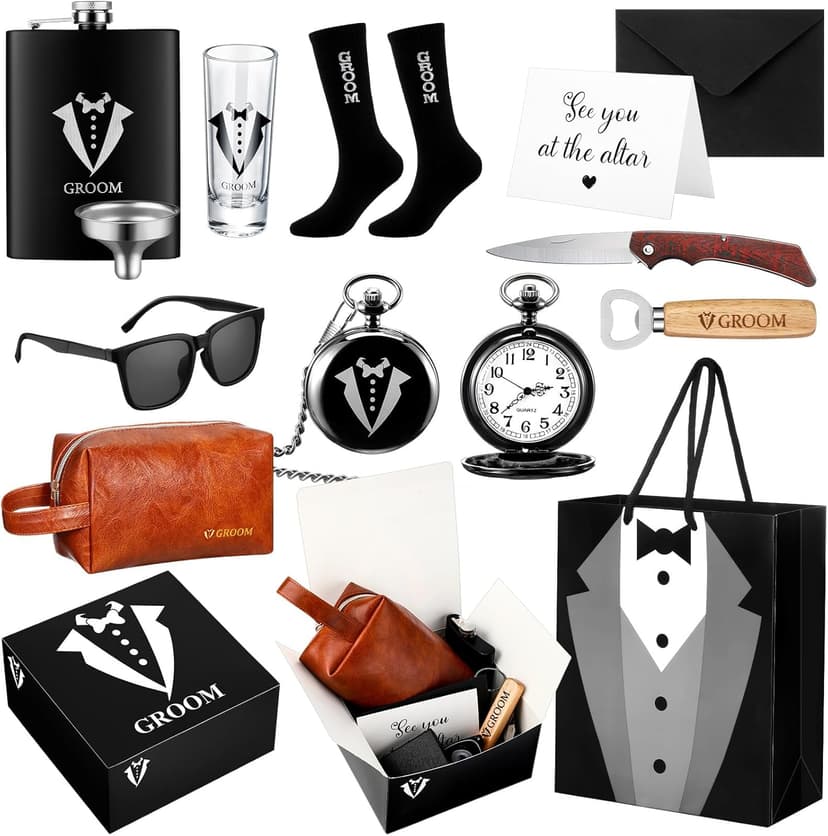 13 Pcs Groom Proposal Gift Set Stainless Steel Flask Box Bag Shot Glass Bottle Opener Pocket Watch Sunglasses Knife Sock Card Toiletry Bag for Wedding