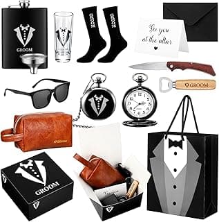 13 Pcs Groom Proposal Gift Set Stainless Steel Flask Box Bag Shot Glass Bottle Opener Pocket Watch Sunglasses Knife Sock Card Toiletry Bag for Wedding