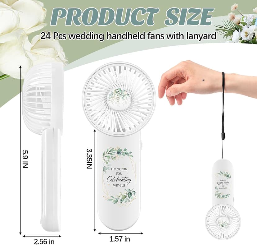 24 Pcs Mini Wedding Fan for Guests Bulk Handheld Battery Operated Fan Greenery Thank You for Celebrating with Us Wedding Favors Souvenirs Gifts for Guests Summer Outdoor Baby Shower