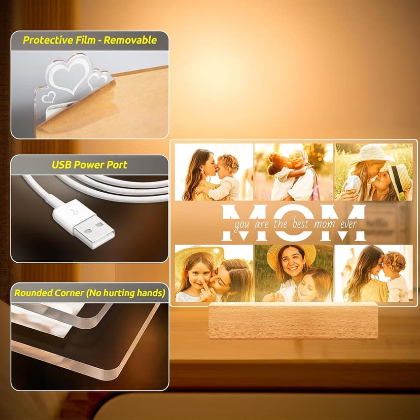 Personalized Gifts for Mom from Daughter Son, Custom Picture Frames with Photos, Customized Photo Frame with Night Light, Personalized Christmas Birthday Gifts for Mom Baby Kids Family