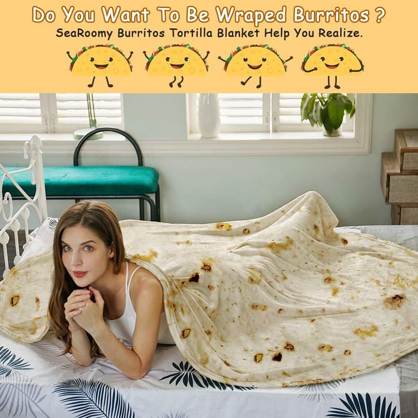 SeaRoomy Burritos Tortilla Blanket, Realistic Food Wrap Blanket Double Sided, Novelty Funny Tortilla Round Giant Soft Blankets (Beige, 47 inches)