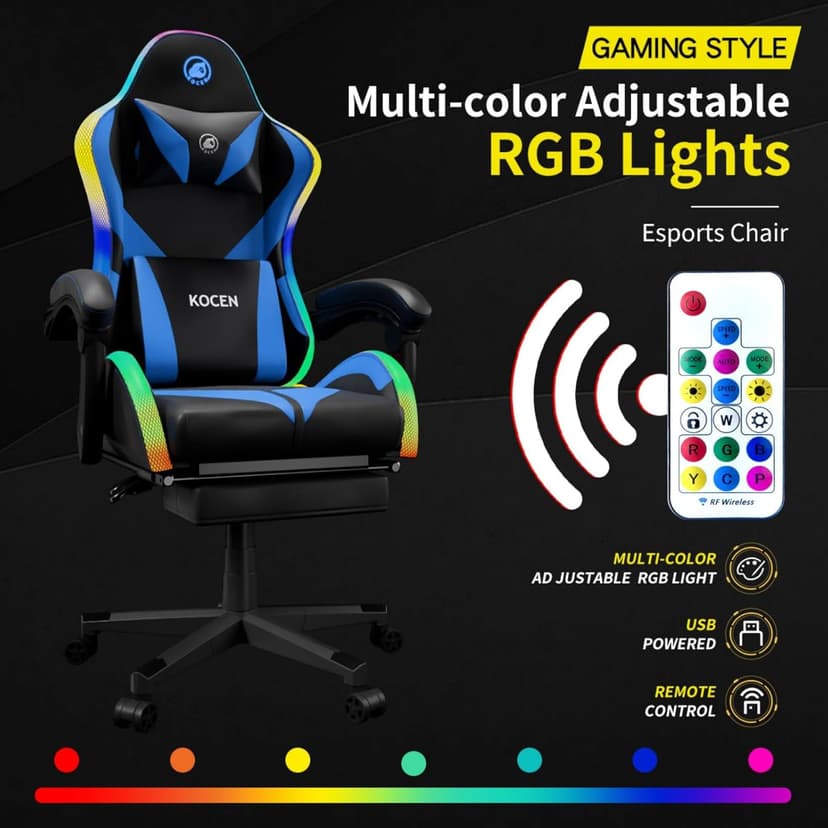 Gaming Chairs for Adults Tall and Kids，Lumbar Support,LED Lights，High Back Reclining Computer Chair with Headrest (Black+Blue)