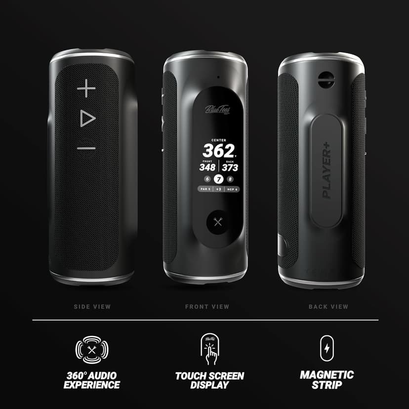 Blue Tees Golf Player+ GPS Speaker with Touch Screen Display, 10+ Hours Battery, 40,000+ Courses, Visual + Audible Distance, Hazard Distance - IPX7 Waterproof (Navy)