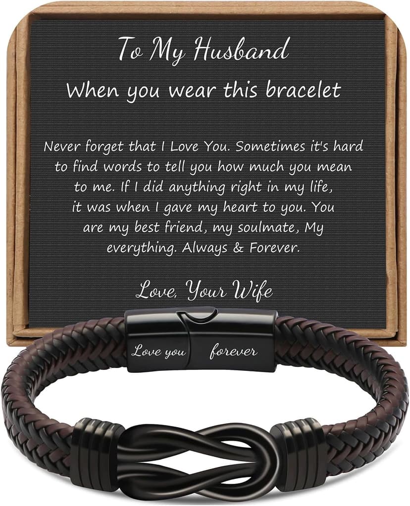 𝗞𝗻𝗼𝘁 𝗕𝗿𝗮𝗰𝗲𝗹𝗲𝘁 𝗚𝗶𝗳𝘁𝘀 𝗳𝗼𝗿 𝗠𝗲𝗻 Brown Braided Leather Stainless Steel Infinity Bracelets Lettering Love You Forever Gifts for Son Grandson Husband Boyfriend Brother Always Linked Together