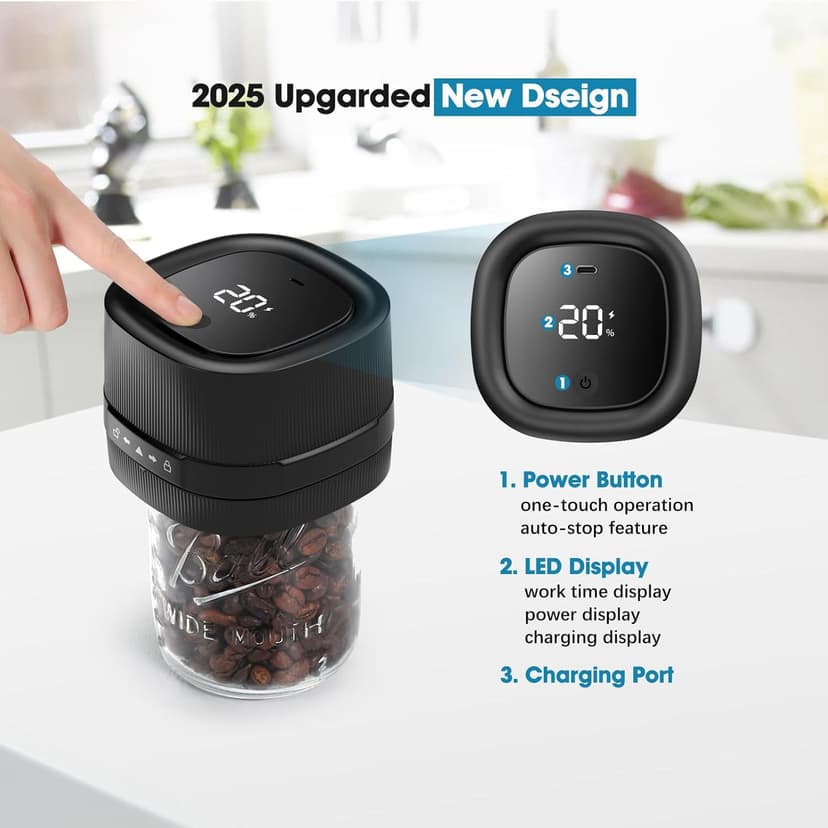 ZIWEO Mason Jar Vacuum Sealer Kit for Wide Mouth and Regular Mouth Mason Jars, Electric Vacuum Sealer with Suction Nozzle, 10 Lids and 1 Vacuum Bag, Compact and Auto Stop Design