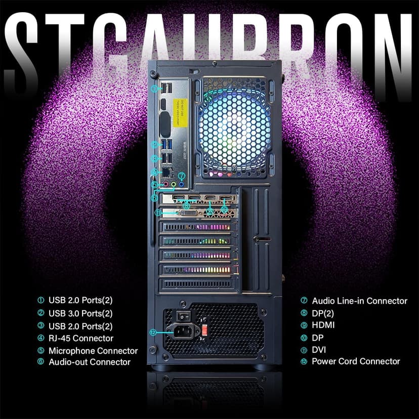 STGAubron Gaming PC Desktop Computer, Intel Core I7 up to 3.9 GHz, Radeon RX 580 8G, 16G RAM, 512G SSD, WiFi, Bluetooth 5.0, RGB Fan x6, RGB BT Sound Bar, Windows 10 Home