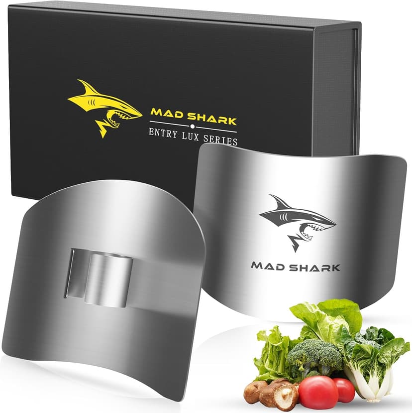 MAD SHARK Chef Finger Guards for Cutting with Gift Box, 2pcs Premium 304 Stainless Steel Finger Protectors for Cutting, Slicing and Chopping Vegetables, Fruits and Meat, Avoid Hurting Kitchen Tools