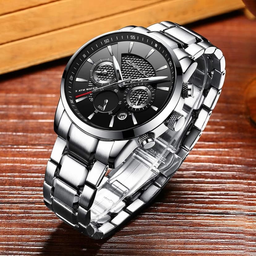 CRRJU Men's Business Casual Chronograph Quartz Waterproof Wristwatch Black Leather Strap