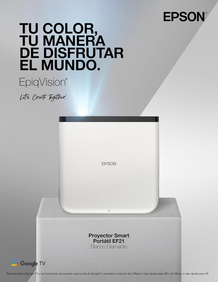 Epson EpiqVision Mini EF21 Portable Smart Laser Projector, Bright 1,000 Lumens, FHD 1080p HDR, 3-Chip 3LCD, Google TV, Netflix, Stereo Speakers, Family Party/Outdoor Backyard/Home Theater - White