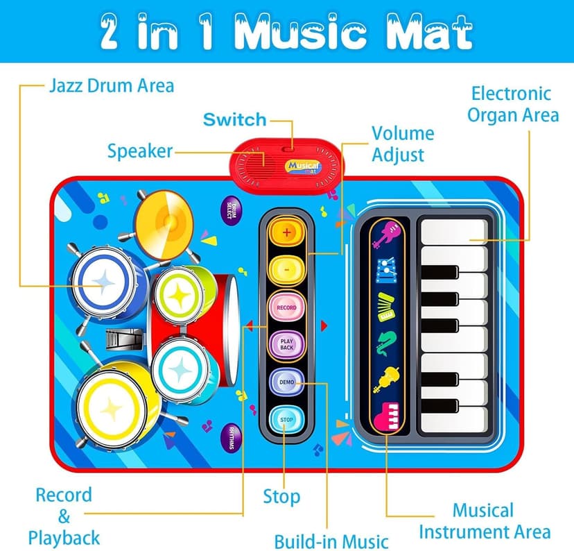 Baby Toys for 1 Year Old: Baby Musical Mat Toddler Toys Age 1-2 - 2 in 1 Piano Drum Babies Play Mat - Infant Music Toy 12-18 Months Babies Birthday Valentines Gifts for 1 2 3 Year Old Boys Girls
