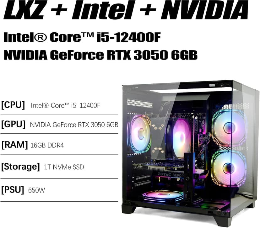 LXZ Gaming PC Desktop, I5-12400F, 2.5GHz, GeForce RTX 3050 6GB, 16GB DDR4 RAM, 1TB NVME SSD, for Gaming and Work, Black