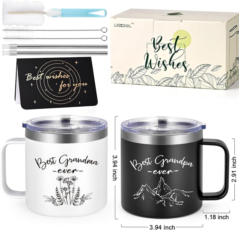 LiqCool Gifts for Grandparents, 14 Oz Best Grandma and Grandpa Insulated Mugs, Christmas Gifts for Grandparents, Grandma and Grandpa Gift from Grandkids Grandchildren(Black & White)
