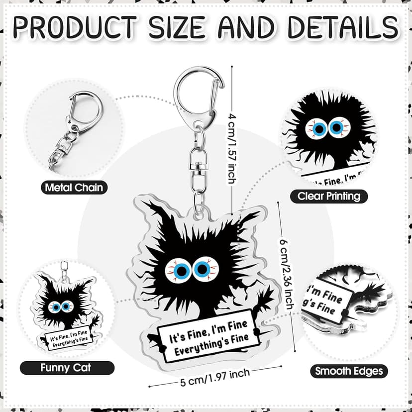 Funny Black Cat Keychains It's Fine Everything's Fine Appreciation Gifts for Cat Lovers Women Coworkers Employees