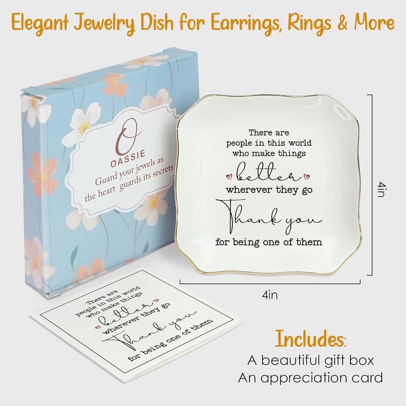 OASSIE Thank You Gifts for Women - 4"x4" Ceramic Jewelry Dish Tray - Birthday Appreciation Inspirational Gifts for Women Coworker Teacher Friends Employee