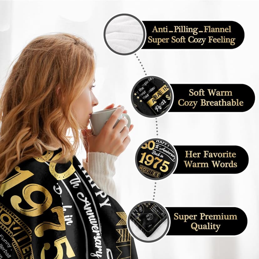 50th Anniversary Wedding Blanket Gifts Gift for 50th Wedding Anniversary Golden 50 Years of Marriage Gifts for Couple Wife Husband Dad Mom Parents Back in 1975 Blanket 60Lx50W