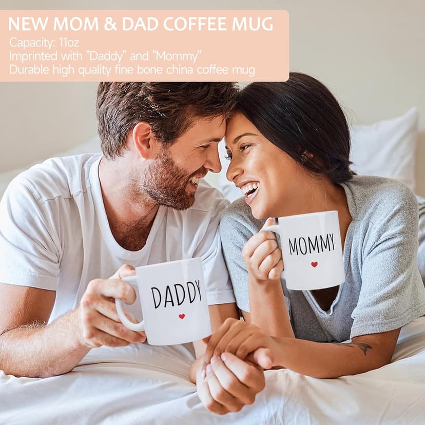 New Mom Gifts for Women, 9pcs Pregnancy Gifts for Expecting Mom, Cute Baby Gifts New Parents Gifts for Couples w/Mom and Dad Mugs for Gender Reveal Baby Shower First Time Mom to be Gifts(Khaki)