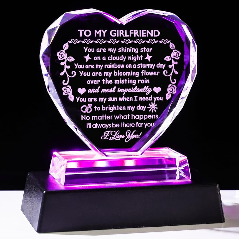YWHL Romantic Girlfriend Gifts from Boyfriend, To My Girlfriend Crystal Heart Shaped Keepsake with Colorful Light Base, Girlfriend Birthday Gift, Gifts for Girlfriend on Anniversary Valentine