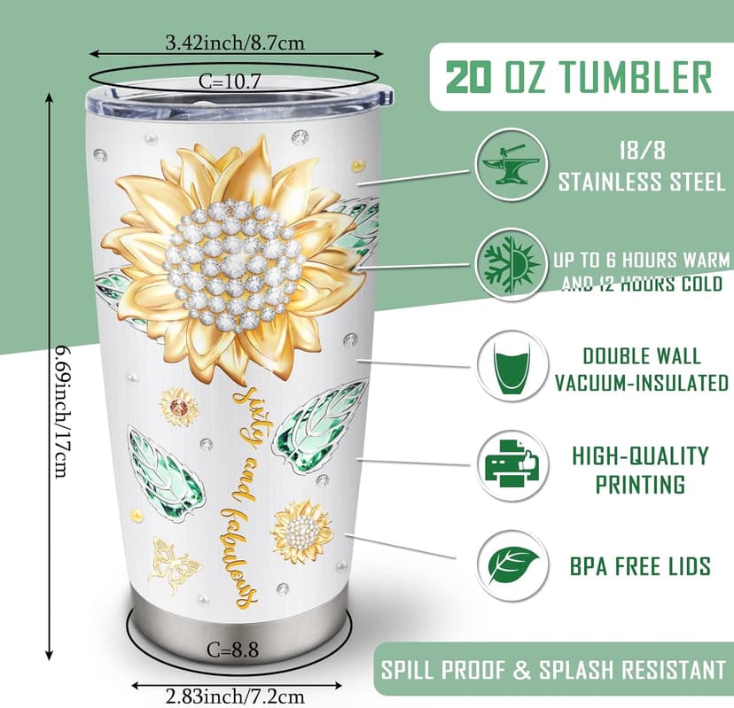60th Birthday Gifts for Women Tumbler 20oz, Happy 60th Birthday Decorations, 60 Year Old Gifts for Women/Her/Mom/Grandma