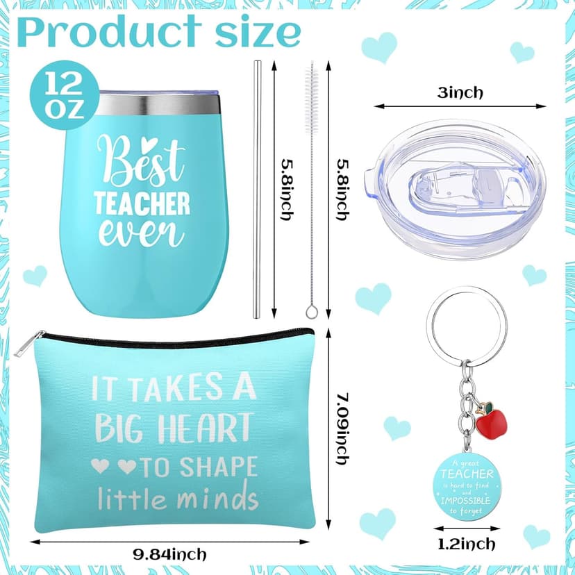 Patelai 5 Pcs Teacher Appreciation Gift Set for Women End of The Year Teacher Gifts Include 12oz Tumbler Makeup Bag Acrylic Sign Keychain Gift Box Thank You Presents for Teachers' Day Birthday(Teal)