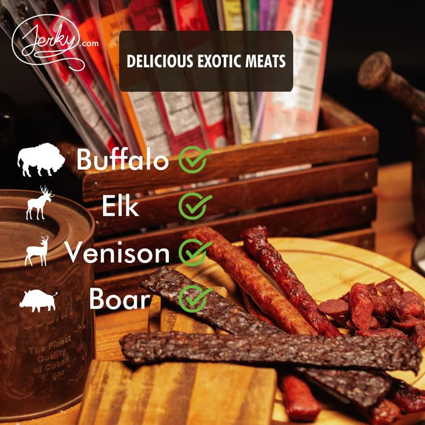 Jerky.com Jerky.com Exotic Meat Sticks Gift Bag | Wild Game Jerky Sampler with Venison, Elk & Wild Boar | 12pc High Protein Meat Snacks Variety Pack | Unique Gift Basket for Men, Dad, Hunters, Outdoorsmen