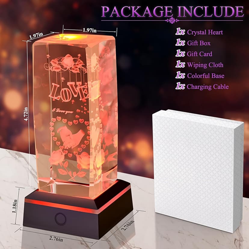 3D Love Crystal Night Light Gifts for Him Her Boyfriend Girlfriend Birthday Christmas, Romantic Love Crystal Lamp Wedding Anniversary Birthday Gift for Women Men Couples Wife Husband