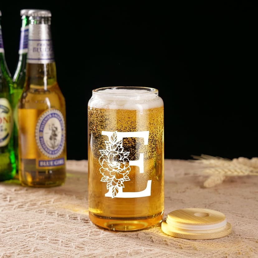 Coolife Initial Glass Cup, Monogrammed Gifts for Women, 16 oz Glass Cups w/Lids Straws, Iced Coffee Smoothie Beer Tumbler w/Straw Lid - Personalized Christmas, Birthday Gifts for Her Mom Friend Woman