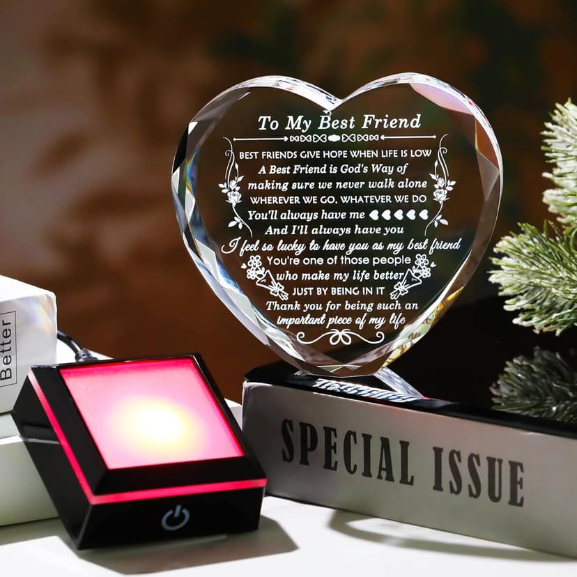 Best Friend Birthday Gifts with Colorful LED Base Crystal to My Best Friend Heart Gifts Friendship Gift for Women for Christmas Female Friend Gift Ideas BFF Gift for Her, Bestie Gifts