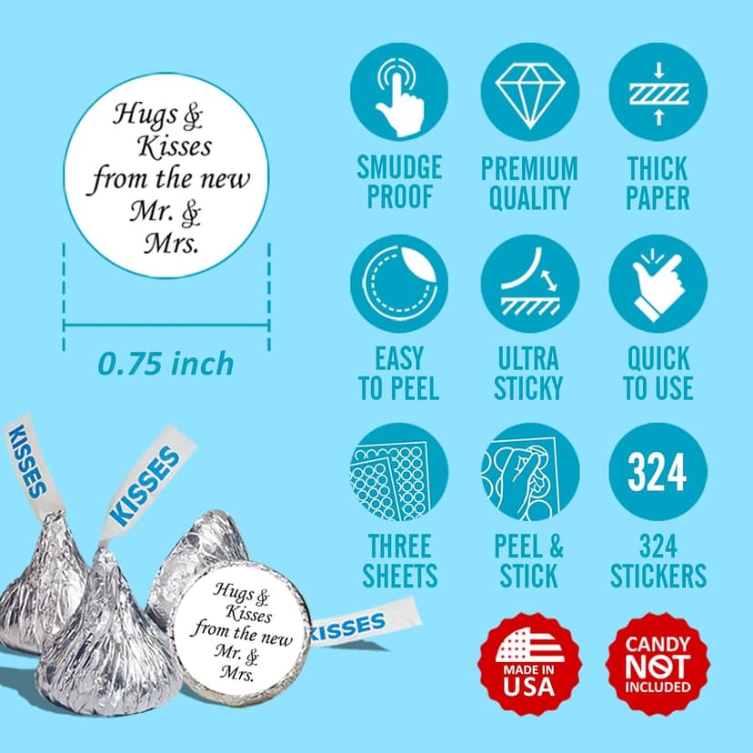 324 Hugs and Kisses from The New Mr. & Mrs. Kiss Wedding Stickers, Chocolate Drops Labels Stickers for Weddings, Bridal Shower Engagement Party Decorations, Kisses Favors Decor. Made in USA