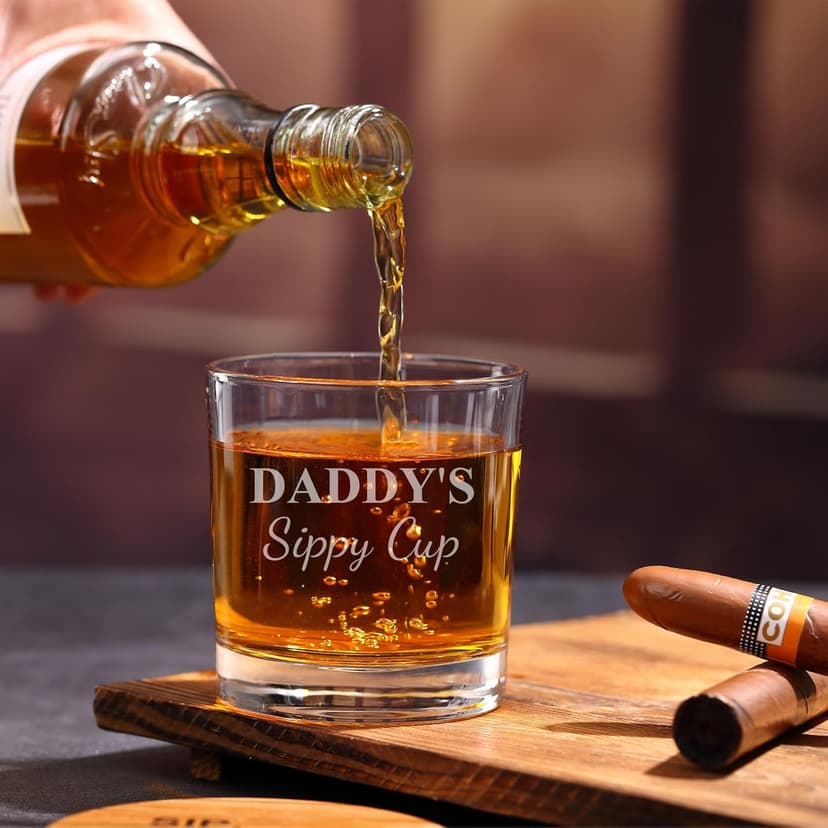 Daddy's Sippy Cup Whiskey Glass Set In Gift Box, Funny unique Gifts for New Dad, Father, Papa, Husband, Father's Day Gifts From Wife - 10 Oz Old Fashioned Glass & Ice Ball Mold & Coaster & Gift Card