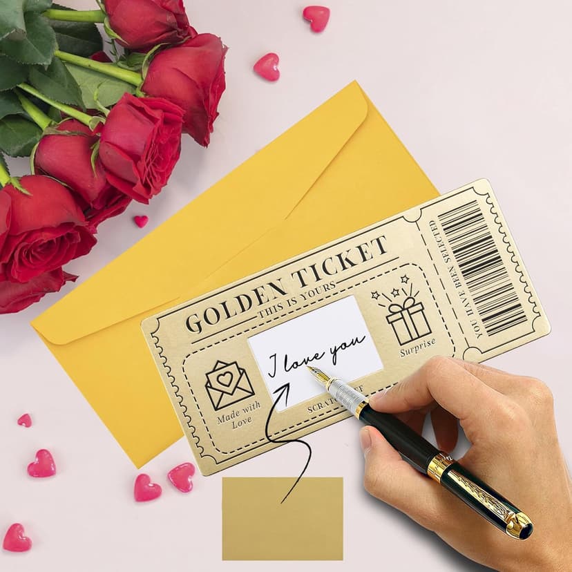 6 Pieces Golden Ticket Scratch-off Cards with Envelopes, Scratch & Reveal Surprise Ticket for Writing Your Own Special for Birthday, Girlfriends, Wives, Valentine's Day Card, Christmas Gift Card