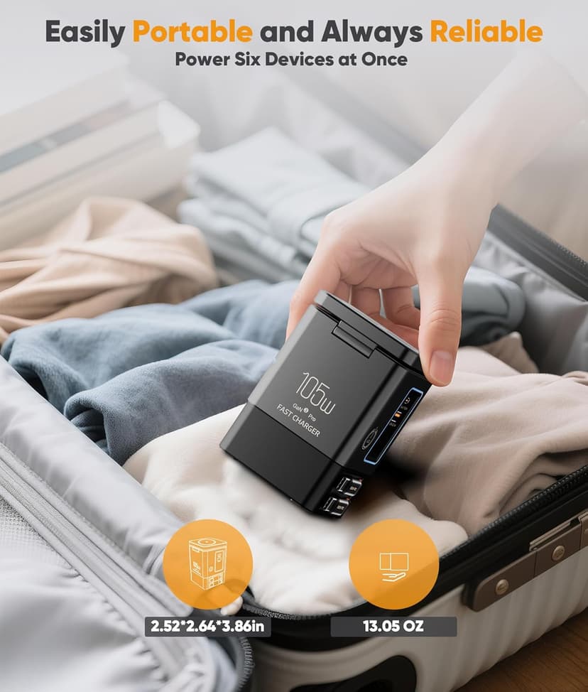 6-in-1 Charging Station,105W GaN Retractable Charger with Magnetic Pad – MagSafe Compatible, USB-C Fast Charging for iPhone, AirPods, MacBook, Apple Watch, and Other Phones, Tablets, Laptops