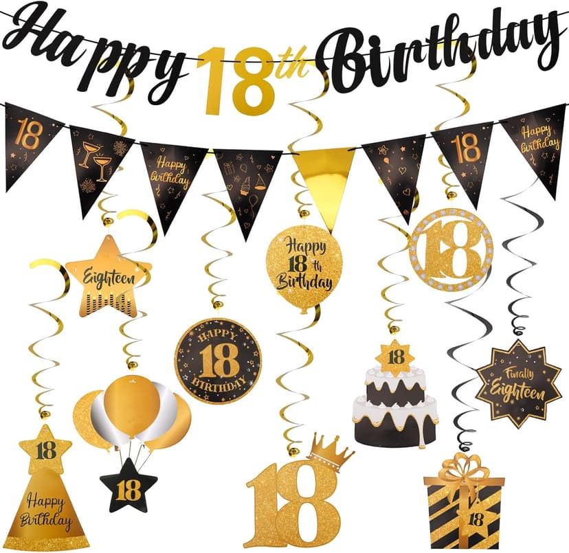 Black & Gold 18th Birthday Banner with 10PCS Swirls - Happy 18th Birthday Decorations for Boys & Girls
