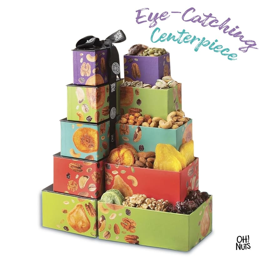 Oh! Nuts Dried Fruit and Nuts Gift Basket Tower with Black Ribbon Gift Basket, 5 Tier Gourmet Arrangement Platter, Healthy Kosher Snack Box for Birthday, Anniversary