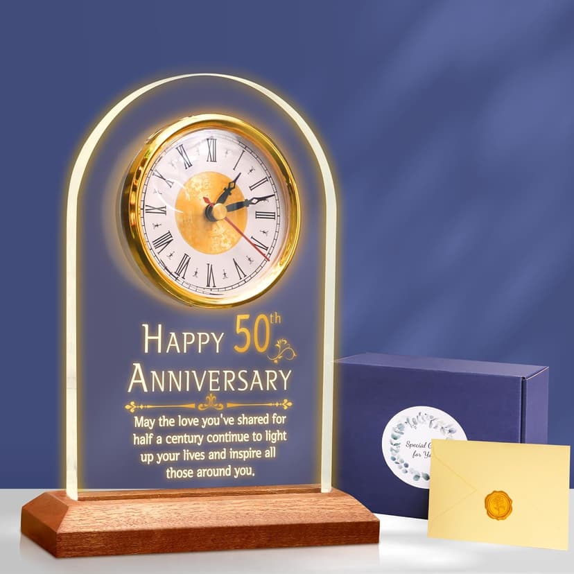 50th Anniversary Wedding Gift, Anniversary Quartz Clock, Desk Table Clock, 50 Years of Marriage, Golden Wedding for Couple, Parents, Grandparents (Wooden Base with LED Light)