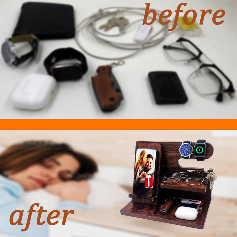 Gifts for Men Women Brother Boss Boyfriend Him Nightstand Organizer Gifts for Dad from Daughter Son Wood Phone Docking Station (Dark Brown)