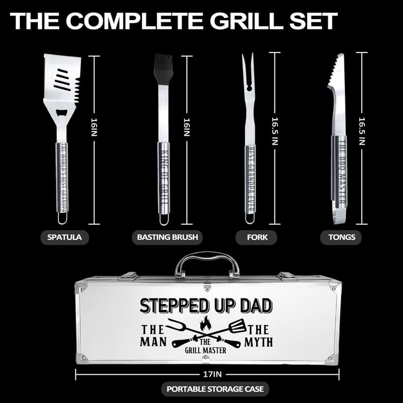 Step Dad Gifts, Fathers Day Step Dad Gifts from Step Daughter Heavy Duty Grilling Accessories Kit for Backyard BBQ, Thick Stainless Steel Grill Utensils with Non-Slip Handle Tool Grilling Gift for Man