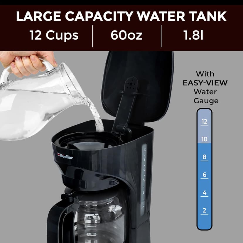 Mueller 12-Cup Drip Coffee Maker - Borosilicate Carafe, Auto-Off, Reusable Filter, Anti-Drip, Keep-Warm Function, Clear Water Level Window Coffee Machine, Kitchen Essentials & Accessories